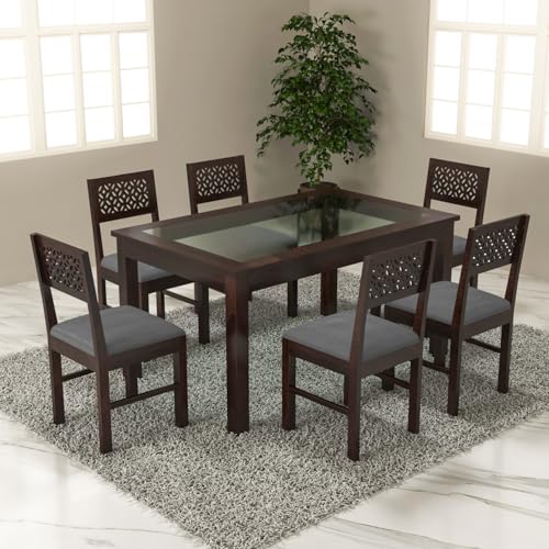 Image of Solid Sheesham Wood Dining Glass Top Table Set of 6| Wooden 6 Seater Dining Table with 6 Chairs with Cushion|Wood Dining Table & Chairs for Home, Restaurant, Cafe,Dining Room|Walnut Finish