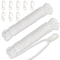 Jognee 24m Fahnenmast Seil mit 8 Fahnenhaken,Durchmesser 6 mm Fahnenmast Seil Wetterfest und UV Beständig,Weiße Nylon Fahnenseil Fahnenmast Seil Set für Garten Heimseil Zelt Outdoor Camping