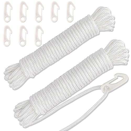 Jognee 24m Fahnenmast Seil mit 8 Fahnenhaken,Durchmesser 6 mm Fahnenmast Seil Wetterfest und UV Beständig,Weiße Nylon Fahnenseil Fahnenmast Seil Set für Garten Heimseil Zelt Outdoor Camping