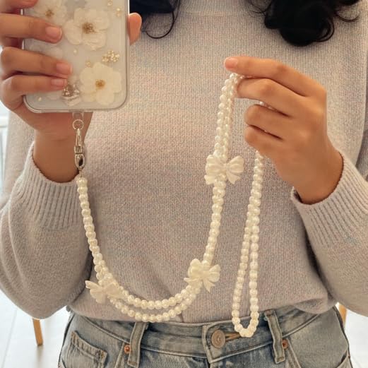 Image of KHOLAD White Bow Phone Chain Crossbody Pearl Strap | 2in1 Wrist & Shouler Crossbody Lanyard | Pearl Beads Charms Chain with Phone Tether Patches | Compatible with Most Phones, Bag, Purse