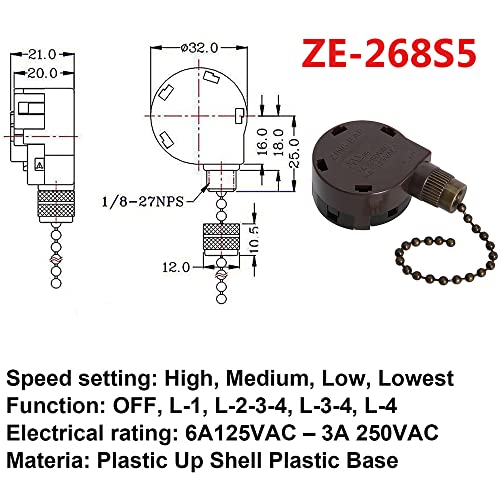 Interruptor de ventilador Zing Ear ZE-268S5 de 4 velocidades con cadena de bronce 2