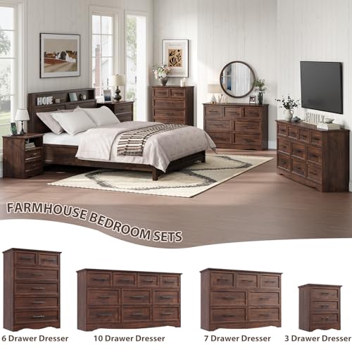 Image of Bedroom Set, 4 Pieces Bedroom Furniture Set, 47 inch W 7 Drawer Dresser, 44 inch H 6 Drawer Dresser and Nightstands with Charging Station, Farmhouse Storage Organizer Cabinet for Bedroom, Walnut