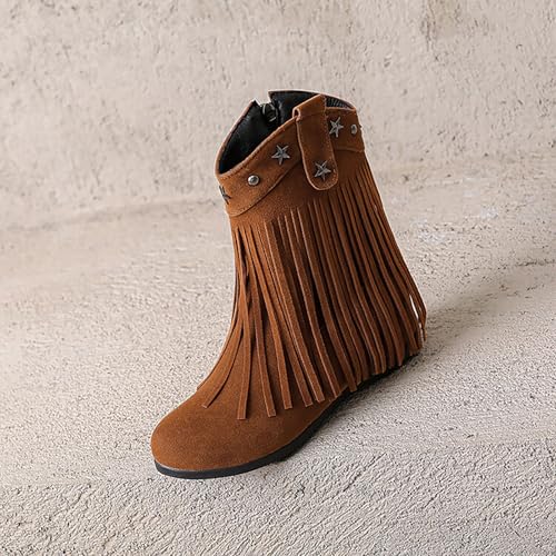 Women'S Suede Hidden Wedge Tassel Ankle Boots Fashion Round Toe Side Zipper Slip-On Flat Mocassion Ankle Boots Casual Vintage Western Western Cowgirl Boots3