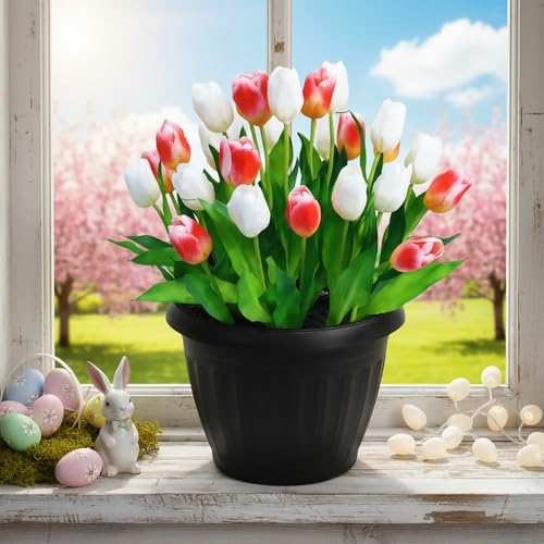 facdiwok 28PCS Artificial Tulips in Pot, Rose Red & White