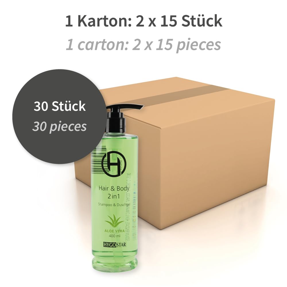 15 Stück Franz Mensch Hair & Body 2in1 Hotel Shampoo Duschgel | Hygostar, Pumpspender, grün, L: 6 cm, B: 6 cm, H: 21 cm, Hotelkosmetik, Einmalkosmetik, Einwegkosmetik, Packung