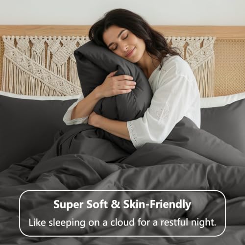 Image of HIMEET Full Size Comforter Sets, 3 Pieces with 2 Pillowcases, Dark Grey | 270GSM Down Alternative Fill, Oeko-TEX Certified, 8 Corner Ties Quilted, All Season, Fluffy Bed Set, Bedroom Decor Bedding