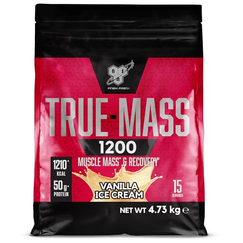 BSN True Mass 1200, Proteína en Polvo, Ganador de Músculo con Aislado de Suero y Carbohidratos, Aumento de Peso y Recuperación Post-Entrenamiento, Sabor Helado de Vainilla, 15 Porciones, 4,8 kg