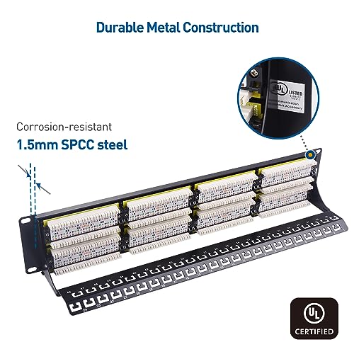 Image of [UL Listed] Cable Matters 48 Port Patch Panel Rackmount or Wall Mount 19-Inch with Support Bar, 2U Cat6 Network Patch Panel for 10 Gigabit Ethernet, 110 or Krone Impact Tools Compatible