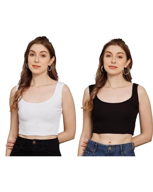 Women Ribbed Tank Top Pack of 2 (Black & White) | Sleeveless Cotton Crop Tops | Slim Fit Casual Basic Vest for Women & Girls | Stretchable Summer Combo-picture-29