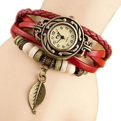Dosige Pulsera del Reloj Retro Estilo Romano Hojas Colgante Cuarzo Reloj de Pulsera Mujeres Accesorios de Moda?Rojo?