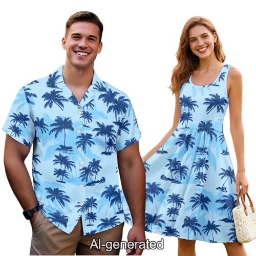 Image of Dreaweet Summer Dresses for Women A-Line Sleeveless Flowy Sun Dresses,Men's Casual Button-Down Shirts,Couple Matching Outfits
