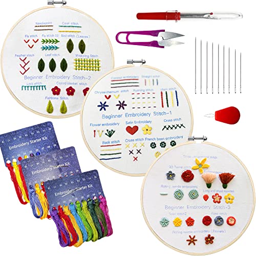 Yutaohui 3 Sets Beginner Embroidery Kit, Embroidery Kit for Beginners, Learn 30 Different Stitches, Starter Embroidery Kit, Cross Stitch Kits for Adults with 3 Embroidery Patterns.