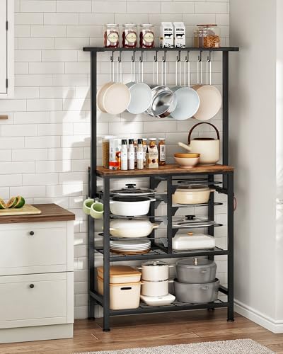 Pots and Pans Organizer Rack, Kitchen Bakers Rack, Multi-Tier Storage Shelf, Kitchen Island Table, Cooking Rack with Pots and Pans Storage, Rustic Brown and Black TPR60BF