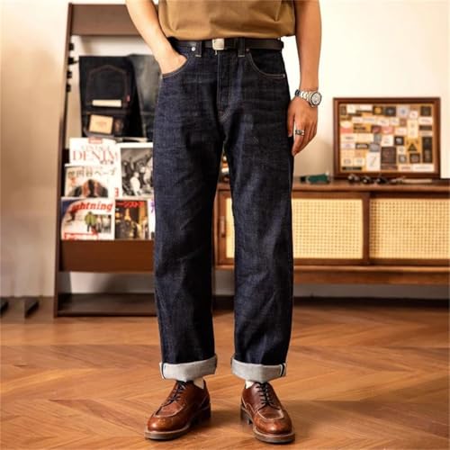Men’S Vintage Loose Fit Straight Selvedge Cotton Full Length Jeans Button Fly High Waist Midweight Daily Wear Pants2
