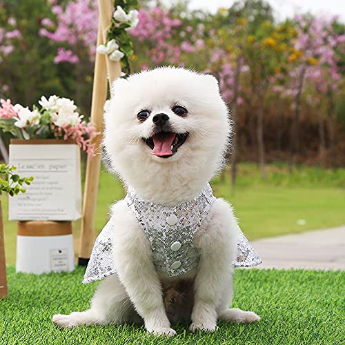 Hiropaw Sequin Skirt Sparkling Princess Dress Dog Puppy Wedding Party Dress Tutu Skirt Luxury Lace Bow Dress Bride Costume Sparkle Petti Dress For Small Dog Cat Puppy Pet Apparel (Shiny Silver, L) #TOP2
