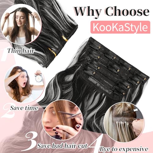 Image of KooKaStyle Clip in Hair Extensions Long Wavy 4PCS Thick Hairpieces Synthetic Highlight Hair Extensions Black and White Mix Fiber Double Weft Natural 20Inch for Women