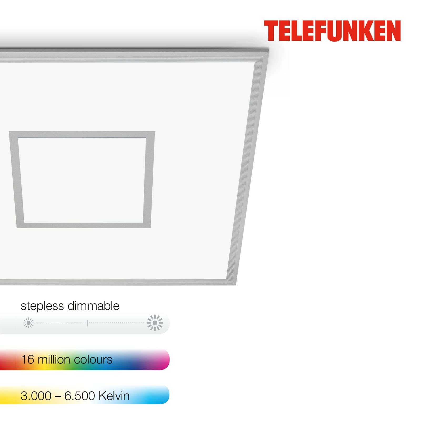 TELEFUNKEN - LED Panel RGB, LED Deckenleuchte CCT, Deckenlampe RGB Centerlight, Regenbogeneffekt, Fernbedienung, Dimmbar, Silberfarbig, 595x595x65 mm, 319804TF