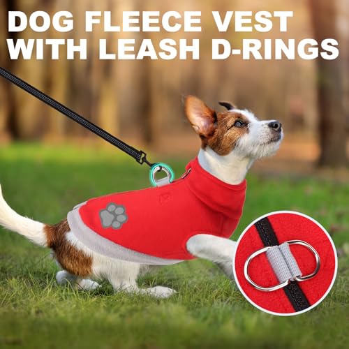 Image of Mihachi Dog Fleece Vest Sweater Zip Up Warm Pullover Step-in Dog Jacket with Dual D-Ring Leash, Winter Cold Weather Reflective Coat Clothes Hoodie for Small Medium Dogs Puppy Cat Boy Girl, Red M