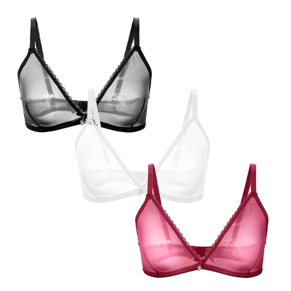 varsmiss Women Sheer Mesh Transparent Unlined Bra Sexy Wireless Underwear: Wireless 3 Pack: Wine Red+black+white Small