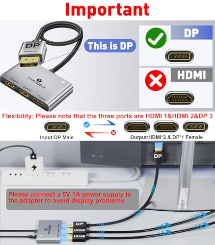 Image of DisplayPort to Dual HDMI with DP Adapter (4K@60Hz) Extended Display 1 in 3 Out MST Hub for Multiple Monitors Compatible for Graphics Card, PC, NVIDIA, AMD