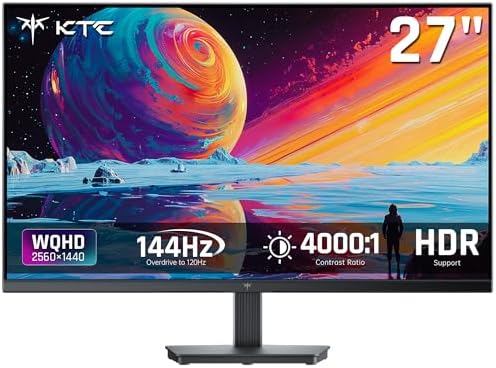 KTC 27 Inch QHD Computer Monitor - 144Hz Gaming PC Monitor 2K, 4000:1 Contrast, 129% sRGB, Adaptive Sync, HDMI DP, Anti-Blue Light, 3-Side Frameless, for Casual Games and Work, VESA Mount H27T27S