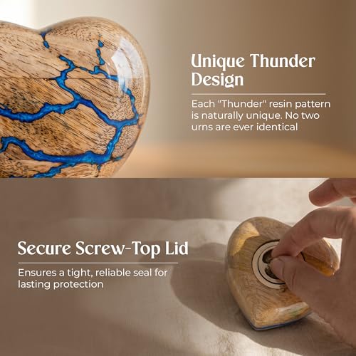 Image of Heart Shaped Wooden Cremation Urns for Human Ashes - 3 Cubic Inches Funeral Memorial Urn for Women & Men - Blue Decorative Keepsake Burial Urn for Male or Female Memorial Display