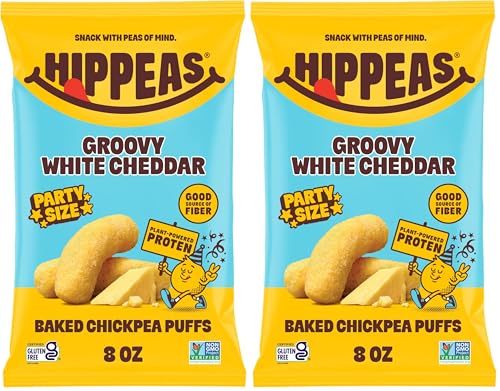 Image of HIPPEAS Chickpea Puffs, Groovy White Cheddar, Gluten Free Snacks, Dairy Free, Vegan, 8oz Bag, 3g Protein, 2g Fiber, Crunchy, Nutritious, Baked Plant Protein Snack, Non-GMO, Kosher (Pack of 2)