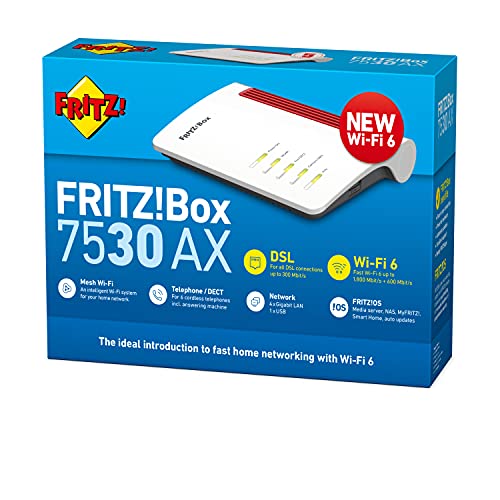 AVM FRITZ!Box 7530 AX WI-FI 6 Router (DSL/VDSL, 1,800 Mbps (5GHz) & 600 Mbps (2.4 GHz), up to 300 Mbps with VDSL Supervectoring 35b, WLAN Mesh, DECT Base, Media Server, International Version)