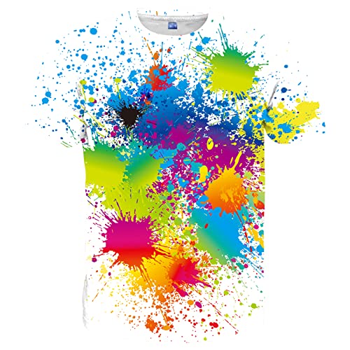 Neemanndy Unisex White Color Paint Splatter Colorful Shirt 3D Graphic Print Short Sleeve T-Shirts for Men and Women, XX-Large