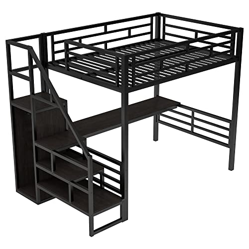 Deinppa Full Size Loft Bed With Desk, Metal Loft Bed With Convertible Stair And Small Wardrobe, For Kids Teens-Black #TOP6