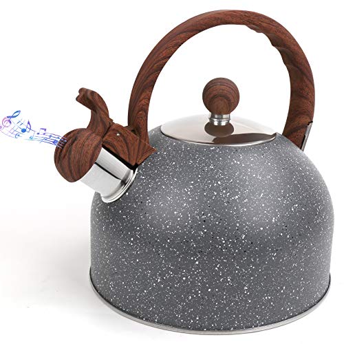 Freehawk 2.5 Liter Whistling Tea Kettle Modern Stainless Steel Whistling Teapot Water Kettle with Wooden Anti-heat Pattern Handle (Grey)