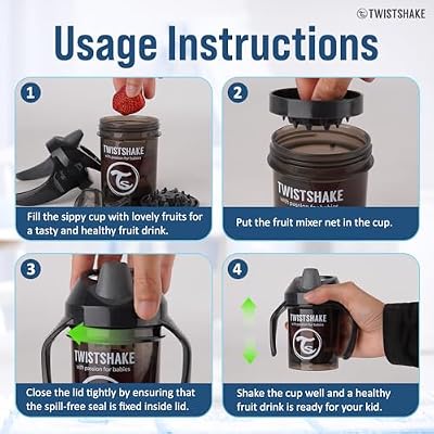 Twistshake Non-Spill Mini Baby Sippy Cup with Soft Spout and Fruit Mixer - 230ml | Leak Proof Baby Weaning Cup | Easy-Grip Toddler Cups | BPA-Free Sippy Cups for Toddlers 1-3 year | Black - 1 Count