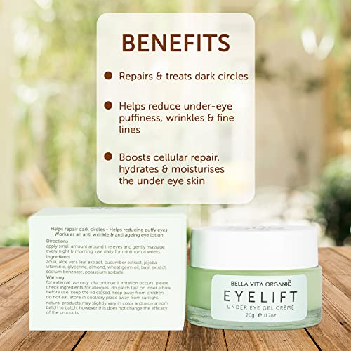 Image of Bella Vita Organic Eyelift Eye Cream Gel For Dark Circles, Puffy Eyes, Wrinkles & Removal Of Fine Lines For Women & Men, 20 g & Bella Vita Organic Glow Cream Gel for Women & Men Lightening