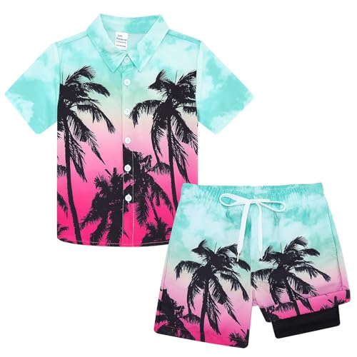 Image of UNICOMIDEA Boys Hawaiian Outfits Tropical Print Button Down Shirt + Swim Trunks 2 Piece Sets for 5-12T Kids