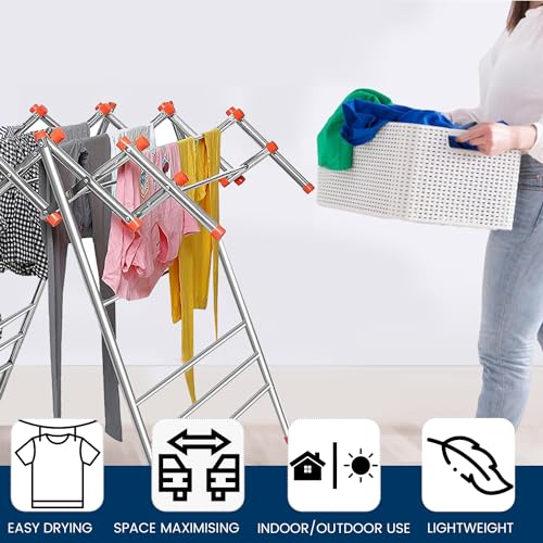 Image of Zureni Cloth Drying Stand Foldable & Portable Heavy Duty Stainless Steel Clothes Dryer 2 Tier Rack with Double Pole and Hanger for Balcony Laundry Hang (Pack of 1)