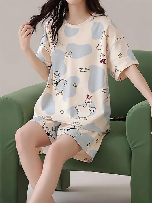 Image of Lunza Women's Cotton Pajama Set with Top & Pants|| Korean Night Suit|| Lightweight Printed Set || Soft & Comfy Sleepwear for Girls & Women