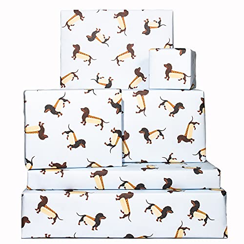Dog Wrapping Paper Christmas - 6 Sheets of Dog Gift Wrap - Dachshund - Corgi - Sausage Dogs - Pets - Doggo - Blue Wrapping Paper For Women Men Girls Boys - Comes With Fun Stickers - Recyclable