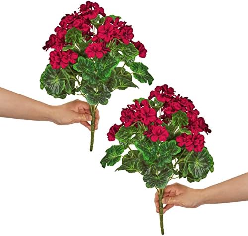 QIANYUN 2Pcs Large Artificial Geranium, Faux Plastic Purple Flowers for Home Wedding Kitchen Garden Table Centerpieces Indoor Outdoor Decor (Red Geranium Flower)