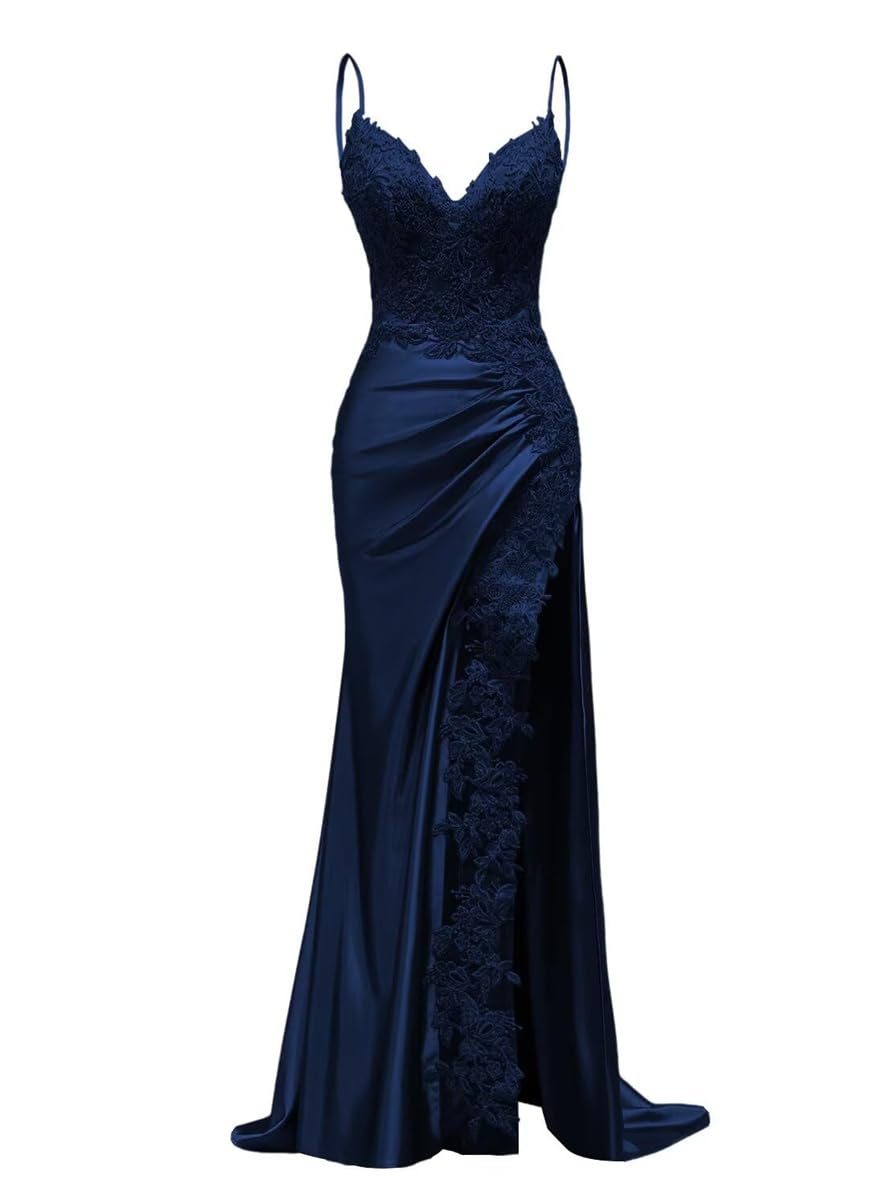 Sayno Women's Navy Satin Bridesmaid Dresses For Wedding With Slit Mermaid Prom Gowns Cocktail Dresses Plus Size Hlsa240 Uk10