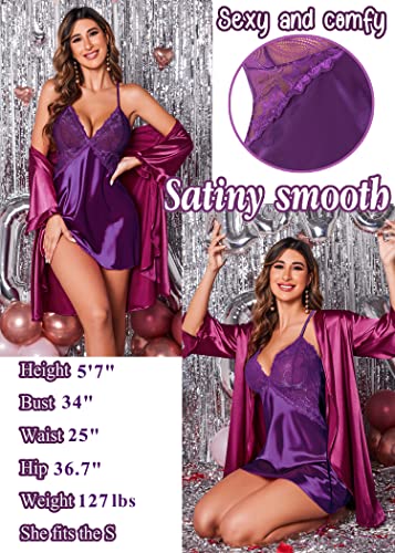 Avidlove Women Lingerie V Neck Nightwear Sexy Satin Sleepwear Lace Chemise Mini Teddy L, Purple #TOP3
