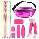 Niaetuto 80er Jahre Outfit Damen,80er jahre accessoires,90er jahre outfit damen Mit Rosa Bauchtasche Damen Armbänder,Stirnband,Ketten,Beinwärmer,80er jahre outfit für Neon Party Karneval