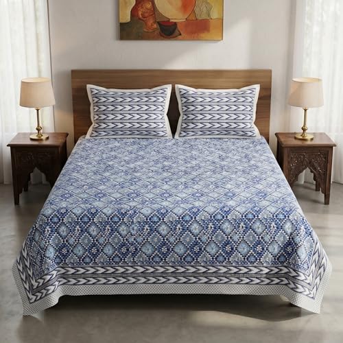 Image of Mafatlal 144 TC Heritage Jaipuri Double Bed Cotton Bedsheet Queen Size 90x108, 100% Pure Cotton Bed Sheet with 2 Pillow Covers, Royal Heritage | Prussian Blue