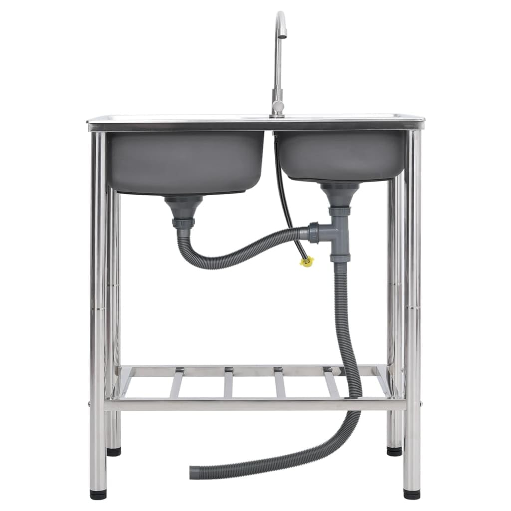 Fregadero de camping de acero inoxidable con doble lavabo, grifo y escurridor para exteriores, resistente a arañazos y golpes, apto para alimentos, repele la suciedad, fácil de limpiar, extraprofundo