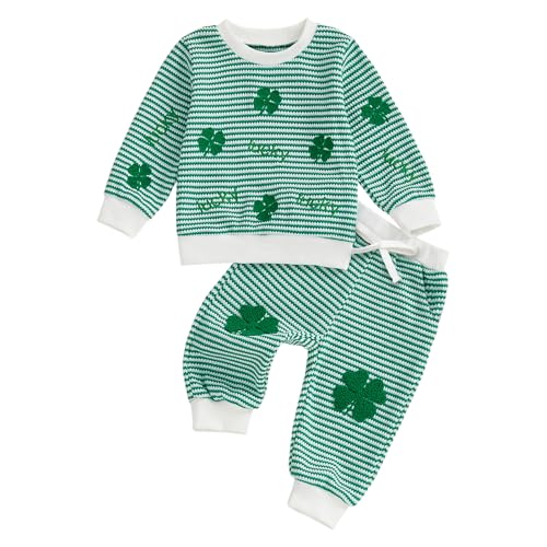 Image of Toddler Baby Boy St Patricks Day Outfit Infant Lucky Clover Sweatshirt Pants Set Little Kids Spring Warm Clothes