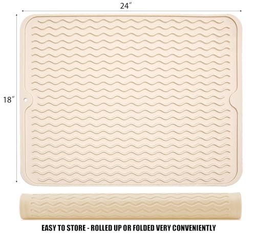 Image of Large 24 inch x 18 inch Silicone Dish Drying Mat for Kitchen Counter, Easy clean, Quick Dry, Heat-resistant Dish Drainer Mat for Sink,Refrigerator or Drawer liner (Food Grade Silicone-Beige)