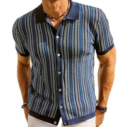 Generic Men's Short Sleeve Stripe Knitted Shirt Button Down Polo Shirts Vintage Business Casual Cardigans