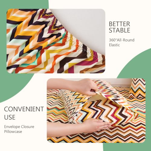 Image of MCO 4Pieces Retro Neon Chevron Sheets Set, Breathable Full Sheet Set with 16 inch Deep Pocket,Modern & Luxury, Brushed Microfiber Bedding Set(Retro Neon Chevron, King)