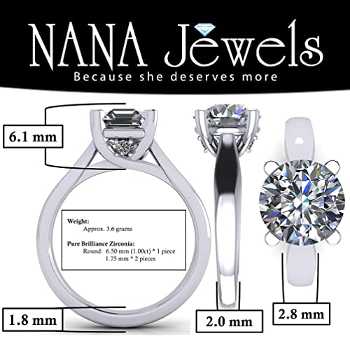 NANA Jewels Silver 6.5mm (1ct) Round Cut Zirconia Lucita Solitaire Engagement Ring-Platinum Plated-Size 4 - Image 2