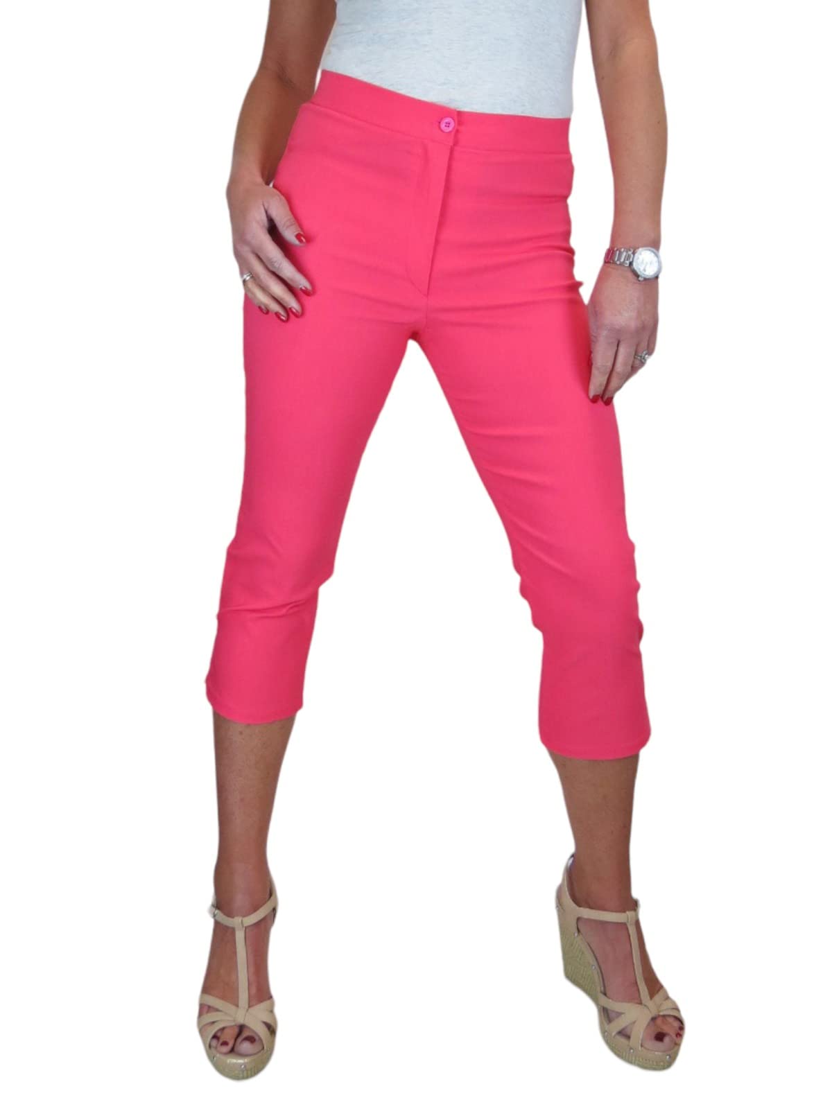 Icecoolfashion Women's Coral High Waist Skinny Stretch Pedal Pushers Cropped Trousers Work Office Crop Capri Pants Formal 3/4 Length 8-22 (18)