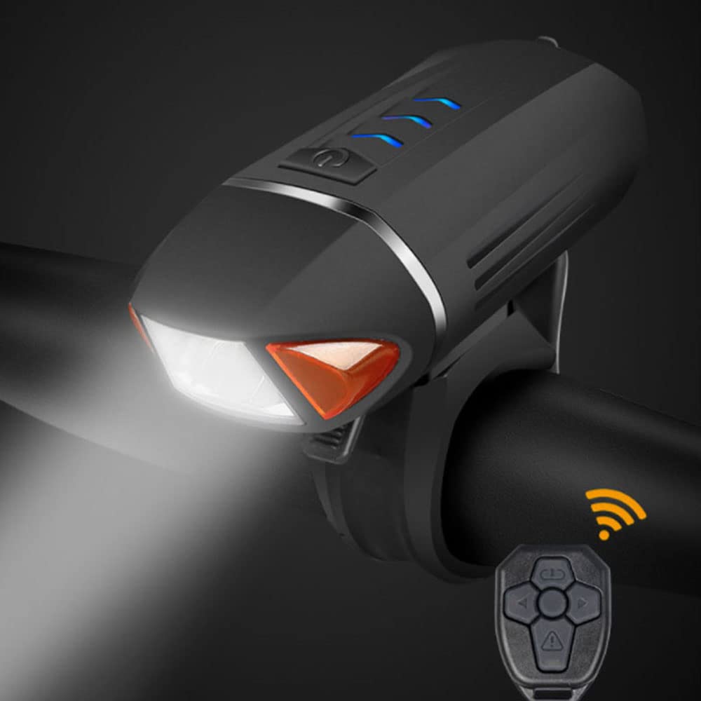 Faro Anteriore per Bicicletta a LED Nero Ricaricabile Tramite USB, con Telecomando, indicatori di direzione e clacson. Accessori per Ciclismo.